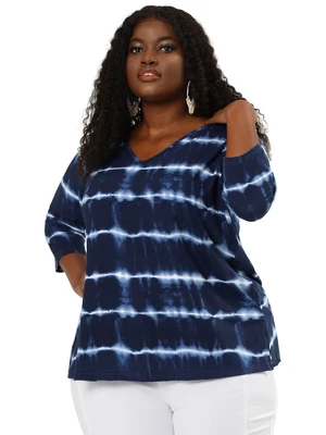 Agnes Orinda Women's Plus Size Tie Dye Side Slit 3/4 Sleeve Stripe V Neck Blouses - Image 3