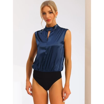 Allegra K Women's Mock Neck Keyhole Front Sleeveless Satin Bodysuit - Image 2