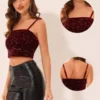 Allegra K Women's Velvet Spaghetti Strap Club Party Crop Sequined Cami Top