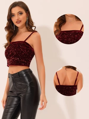Allegra K Women's Velvet Spaghetti Strap Club Party Crop Sequined Cami Top