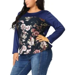 Agnes Orinda Women's Plus Size Tops Blouse Long Sleeve Colorblock Floral Blouses