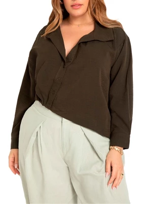 ELOQUII Men's Big & Tall Asym Hem Shirt With Pleats - 14, Rifle Green