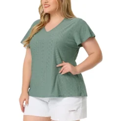 Agnes Orinda Women's Plus Size V Neck Eyelet Short Sleeve Casual Trendy Blouse