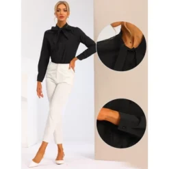 Allegra K Women's Bow Tie Neck Button Down Long Sleeve Bodysuit Shirt