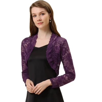 Allegra K Women's Crop Scalloped Hem Floral Lace Sheer Long Sleeve Shrugs - Image 15