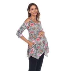 Maternity Plus Size Printed Cold Shoulder Tunic - White Mark