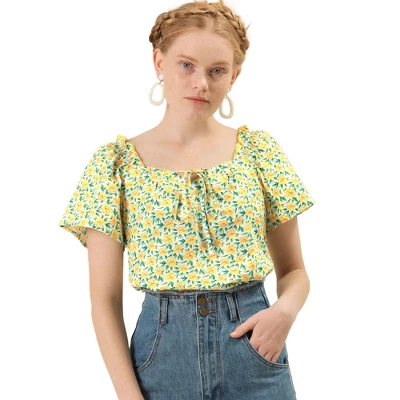 Allegra K Women's Summer Floral Tie Neck Ruffle Peasant Blouse Top - Image 2