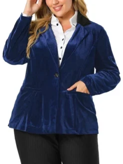 Agnes Orinda Women's Plus Size Winter Velvet Blazer Button Lapel Work Jacket