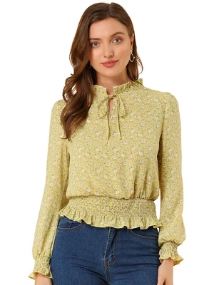 Allegra K Women's Smocked Waist Peplum Tops Ruffle Tie Neck Long Sleeve Ditsy Floral Blouses - Image 8