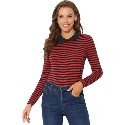 Allegra K Women's Christmas Contrast Collar Long Sleeves Peter Pan Collar Striped Blouse Top - Image 7