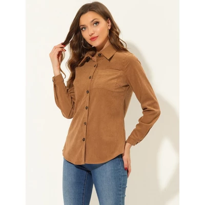Allegra K Women's Corduroy Pocket Casual Long Sleeve Curved Hem Button Down Shirts - Image 2