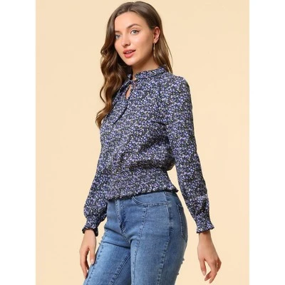 Allegra K Women's Smocked Waist Peplum Tops Ruffle Tie Neck Long Sleeve Ditsy Floral Blouses - Image 3