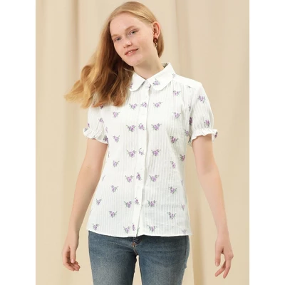 Allegra K Women's Frilled Top Peter Pan Collar Blossoms Floral Print Blouse Shirt - Image 2