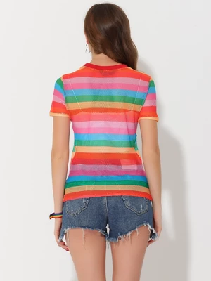 Allegra K Women's Rainbow Blouse Short Sleeve Mesh Sheer Stripe T-Shirt - Image 2