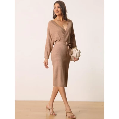 Seta T Women's Deep V Neck Wrap Batwing Sleeve Belted Bodycon Mini Sweater Dress - Image 2