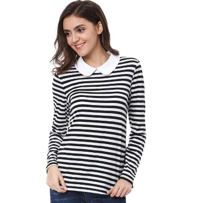 Allegra K Women's Christmas Contrast Collar Long Sleeves Peter Pan Collar Striped Blouse Top - Image 6