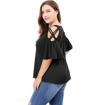 Agnes Orinda Women's Plus Size Summer Fashion Cold Shoulder Ruffle Trumpet Sleeve Blouses - Image 4