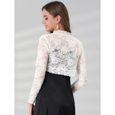 Allegra K Women's Crop Scalloped Hem Floral Lace Sheer Long Sleeve Shrugs - Image 4