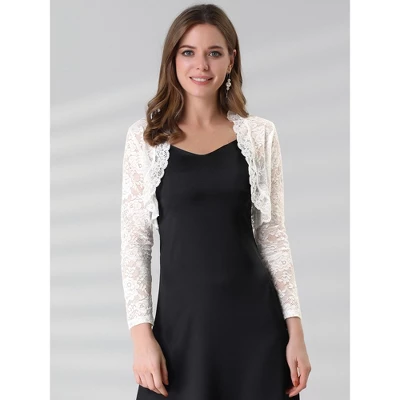 Allegra K Women's Crop Scalloped Hem Floral Lace Sheer Long Sleeve Shrugs