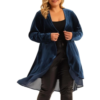 Agnes Orinda Women's Plus Size Velvet Long Sleeve Irregular Draped Mesh Hem Open Front Cardigan - Image 5