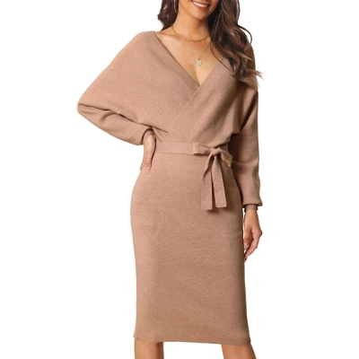 Seta T Women's Deep V Neck Wrap Batwing Sleeve Belted Bodycon Mini Sweater Dress - Image 5