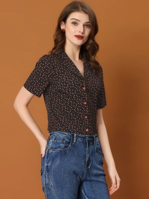 Allegra K Women's Heart-Shaped Polka Dots V Neck Short Sleeve Button Down Vintage Blouse