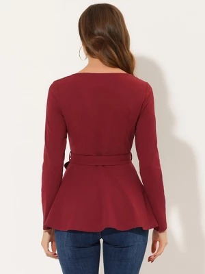 Allegra K Women's Ruffle Peplum Top Elegant Long Sleeve Self Tie Waist Work Blouse Shirt - Image 2