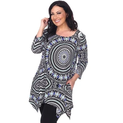Women's Plus Size 3/4 Sleeve Printed Maji Tunic With Pockets - White Mark - Image 4