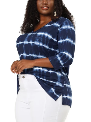 Agnes Orinda Women's Plus Size Tie Dye Side Slit 3/4 Sleeve Stripe V Neck Blouses