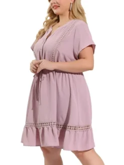 Agnes Orinda Women's Plus Size Elegant Short Sleeve Tie Waist Ruffle Hem At Kness Dresses