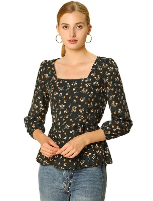 Allegra K Women's Floral Print Belted Waist Square Neck Vintage Peplum Blouse - Image 6