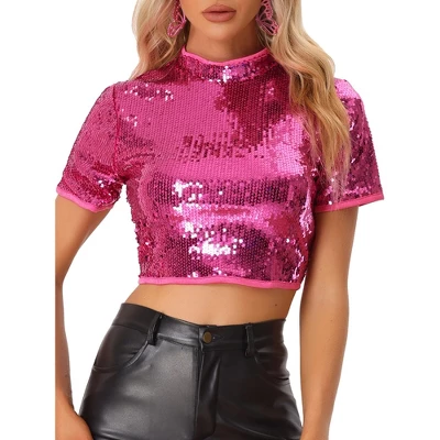 Allegra K Women's Halloween Sequin Crop Sparkle Glitter Short Sleeve Shinning T Shirt - Image 8