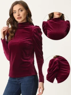 Allegra K Velvet Blouse For Women's Puff Long Sleeve Turtleneck Elegant Velour Blouses