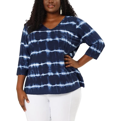 Agnes Orinda Women's Plus Size Tie Dye Side Slit 3/4 Sleeve Stripe V Neck Blouses - Image 6