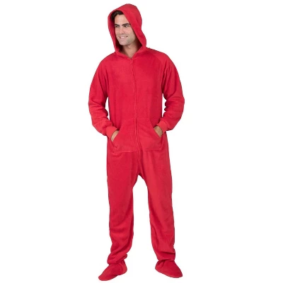 Footed Pajamas - Bright Red Adult Hoodie Fleece Onesie - Image 2