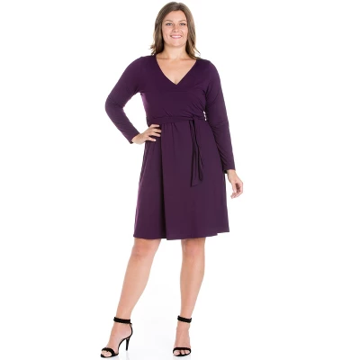 24seven Comfort Apparel Womens Plus Size Chic V-Neck Long Sleeve Belted Dress - Image 6