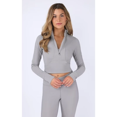 90 Degree By Reflex Interlink Ribbed Half Zip Long Sleeve Crop Top - Image 10