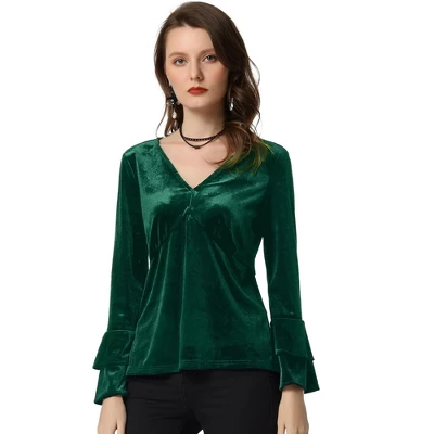 Allegra K Women's V Neck Velvet Blouse Flare Long Sleeve Peplum Top - Image 7