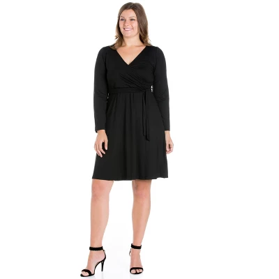 24seven Comfort Apparel Womens Plus Size Chic V-Neck Long Sleeve Belted Dress - Image 4