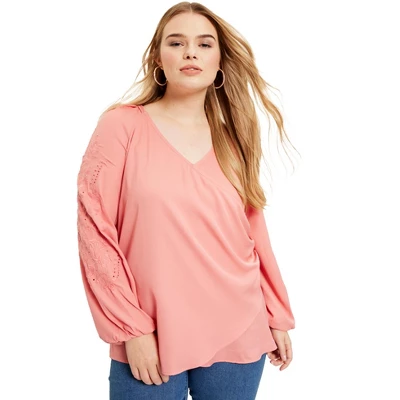 June + Vie By Roaman's Women’s Plus Size Embroidered V-Neck Wrap Blouse - Image 3