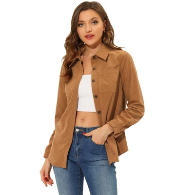 Allegra K Women's Corduroy Pocket Casual Long Sleeve Curved Hem Button Down Shirts