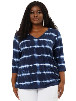 Agnes Orinda Women's Plus Size Tie Dye Side Slit 3/4 Sleeve Stripe V Neck Blouses - Image 2