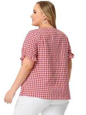 Agnes Orinda Women's Plus Size Gingham 1950s Sweetheart Neck Plaid Blouse - Image 3