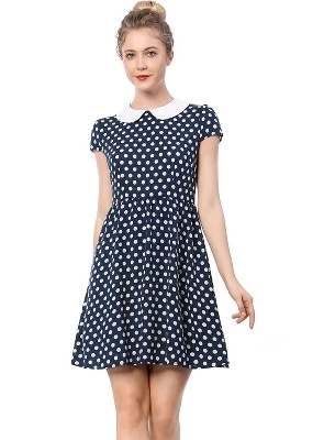 Allegra K Women's Peter Pan Collar Short Sleeves Contrast A-Line Polka Dots Dress - Image 5