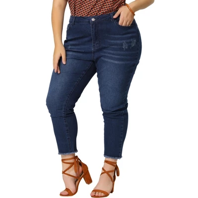 Agnes Orinda Women's Plus Size Denim Pants Frayed Washed Ankle Jeans With Slash Pockets - Image 3