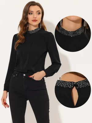 Allegra K Women's Work Pleated Front Long Sleeve Mock Neck Blouse