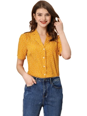 Allegra K Women's Heart-Shaped Polka Dots V Neck Short Sleeve Button Down Vintage Blouse - Image 8