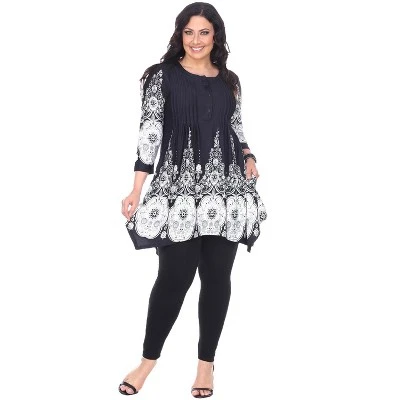 Women's Plus Size 3/4 Sleeve Printed Dulce Tunic Top - White Mark