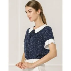 Allegra K Women's Contrast Doll Collar Polka Dots Short Sleeves Blouse