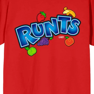 Runts Logo With Scattered Fruit Crew Neck Short Sleeve Red Women's T-shirt
